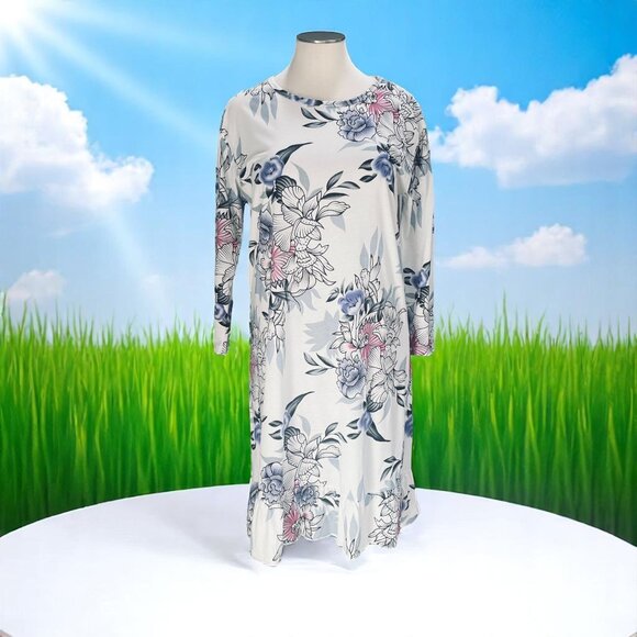 Floral Midi Dress White Blue Pink Print 2XL Ruffle Hem Spring Summer Cottagecore - Picture 1 of 11